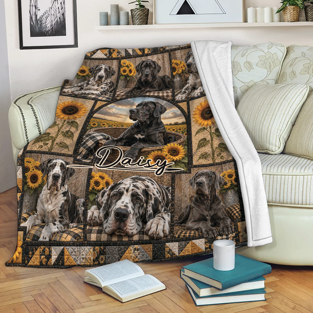 Great Dane blanket draped over a sofa with sunflower artwork, rustic plaid details, and cozy living room decor