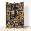 Great Dane throw blanket displayed vertically with multiple dogs, sunflowers, rustic panels, and warm autumn colors