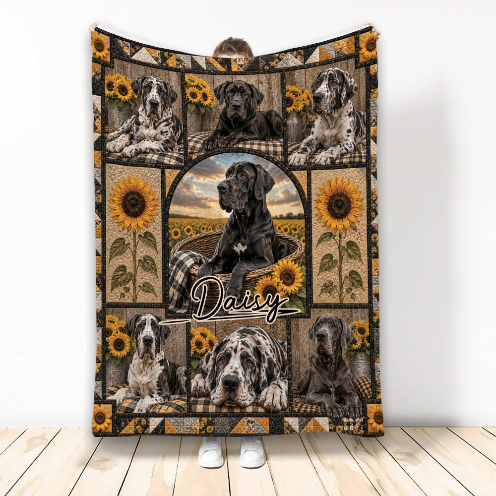 Great Dane throw blanket displayed vertically with multiple dogs, sunflowers, rustic panels, and warm autumn colors
