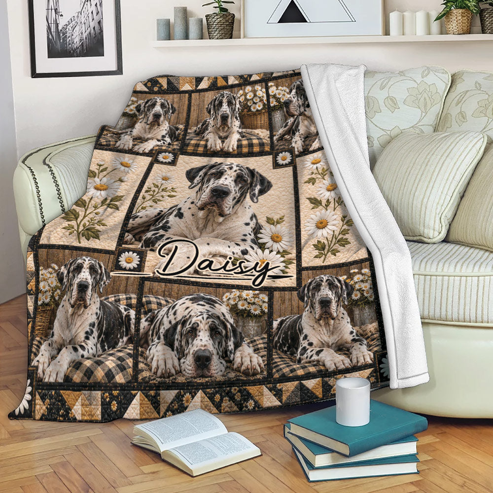 Great Dane blanket draped over a sofa, featuring spotted dogs, white daisies, plaid details, and rustic decor