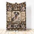 Great Dane throw blanket displayed upright with multiple spotted dogs, daisies, plaid accents, and rustic farmhouse artwork