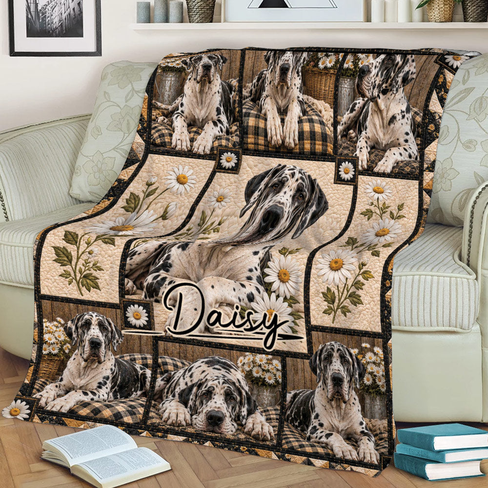 Great Dane throw blanket styled on a sofa with multiple spotted dogs, floral panels, plaid accents, and cozy room decor