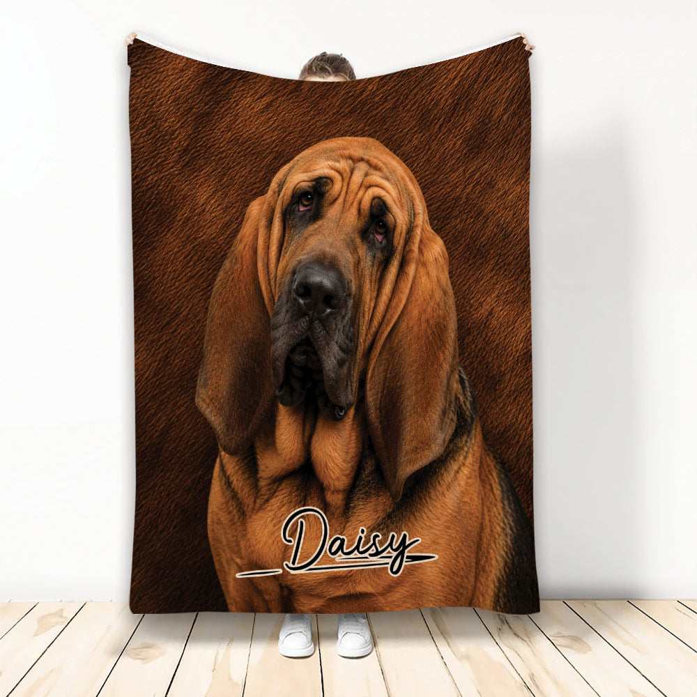 Bloodhound throw blanket featuring realistic brown dog artwork on a rich textured background