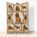 Bloodhound throw blanket displayed vertically with multiple hound portraits and warm brown geometric accents