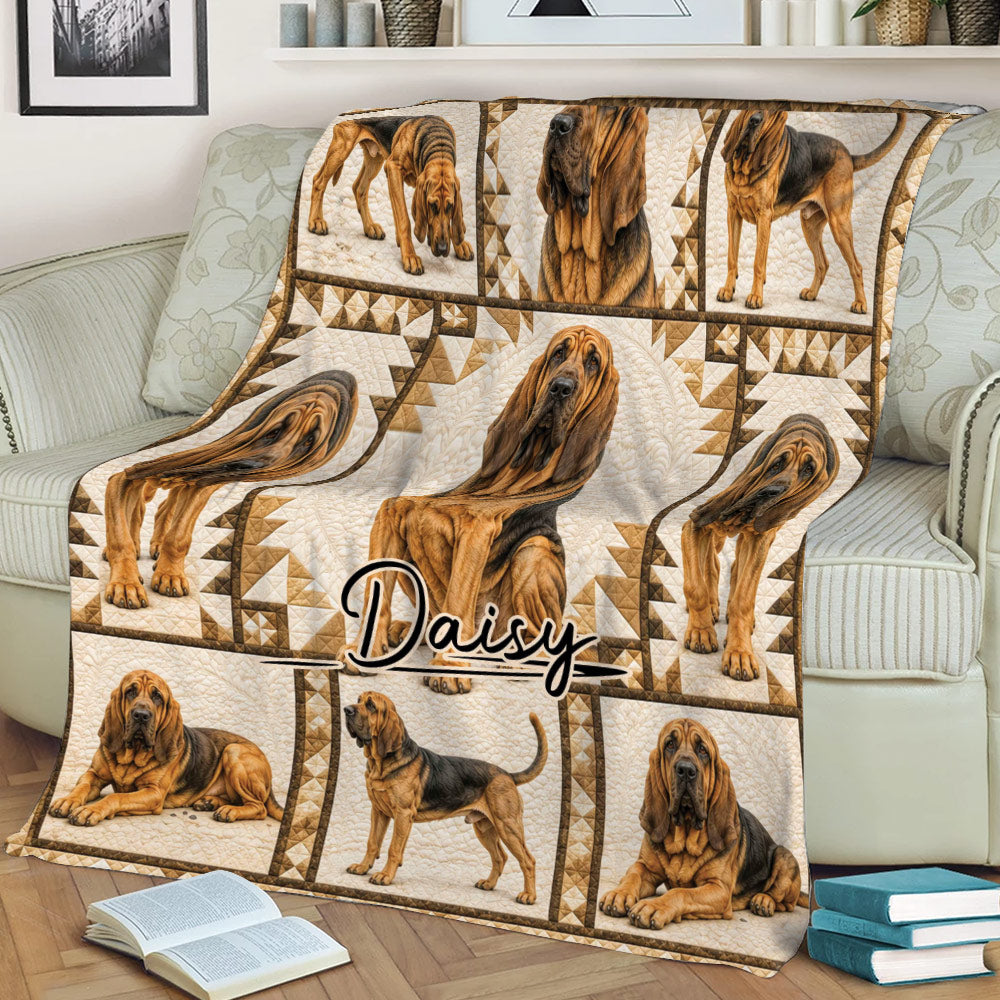 Close view of a Bloodhound blanket spread across a sofa with detailed hound illustrations