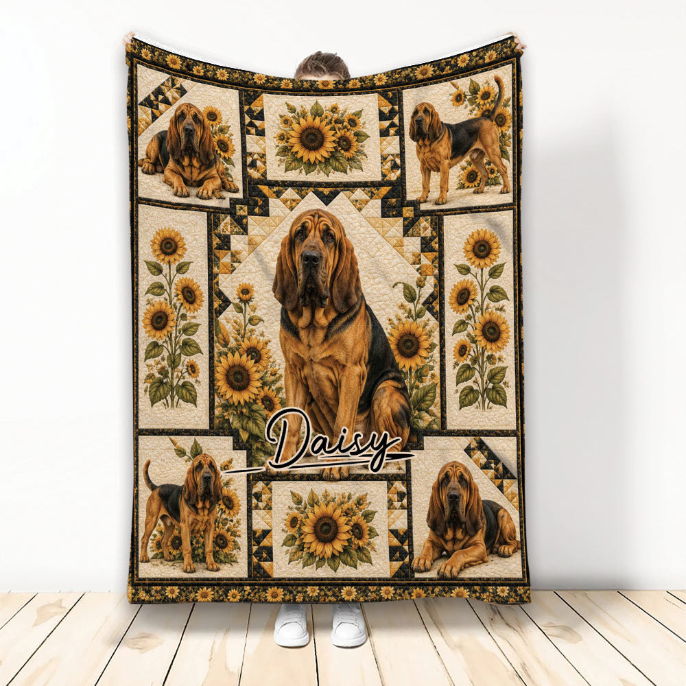 Bloodhound throw blanket with multiple dog illustrations, sunflower panels, and warm rustic artwork