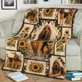 Close lifestyle view of a Bloodhound blanket featuring sunflower artwork and several dog scenes