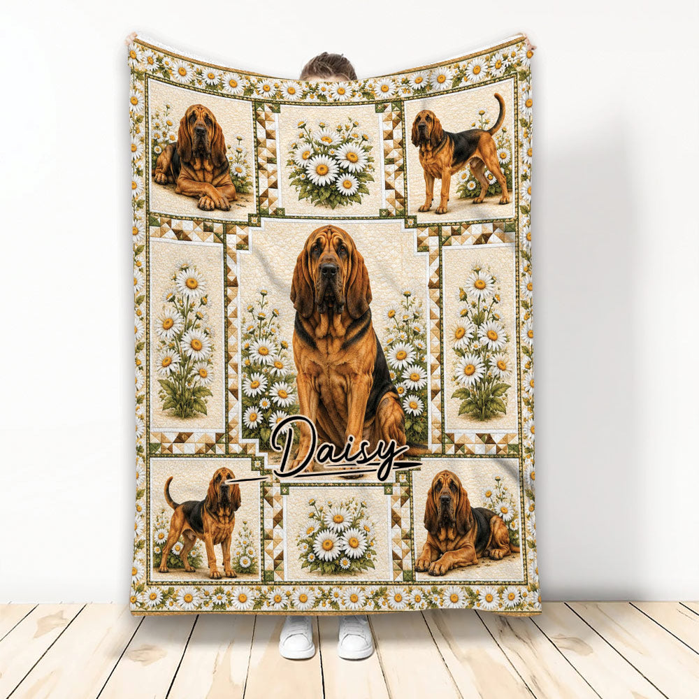 Bloodhound blanket featuring multiple hounds, daisy flowers, and a warm rustic decorative border