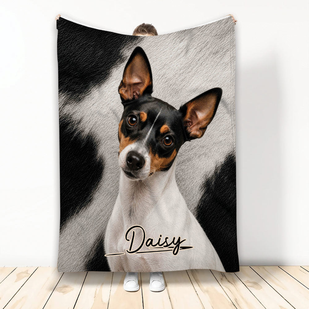 Rat Terrier blanket with a black, white, and tan dog portrait in a bold monochrome design