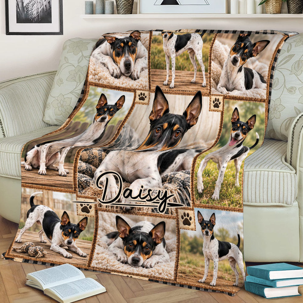 Close view of a Rat Terrier blanket featuring multiple dog portraits in a cozy living room setting
