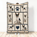 Rat Terrier blanket featuring multiple black, white, and tan dog portraits with paw and heart accents