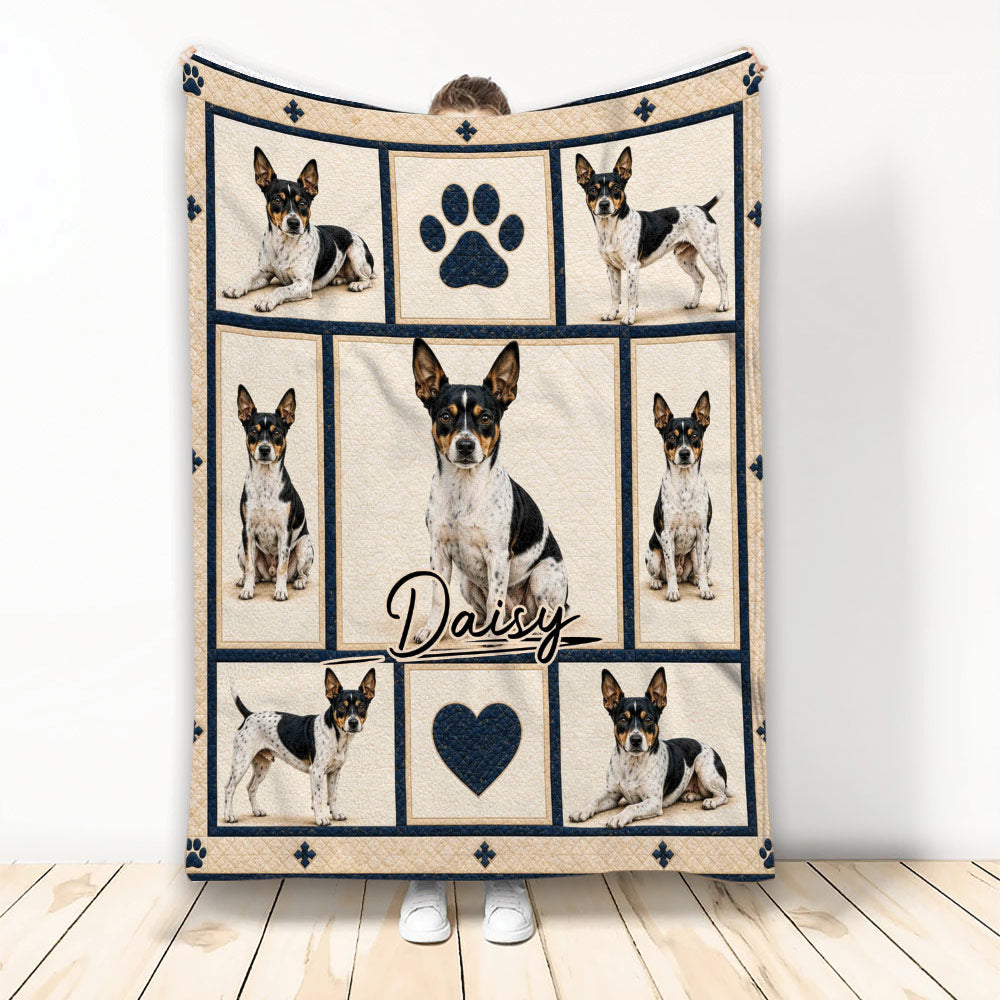 Rat Terrier blanket featuring multiple black, white, and tan dog portraits with paw and heart accents