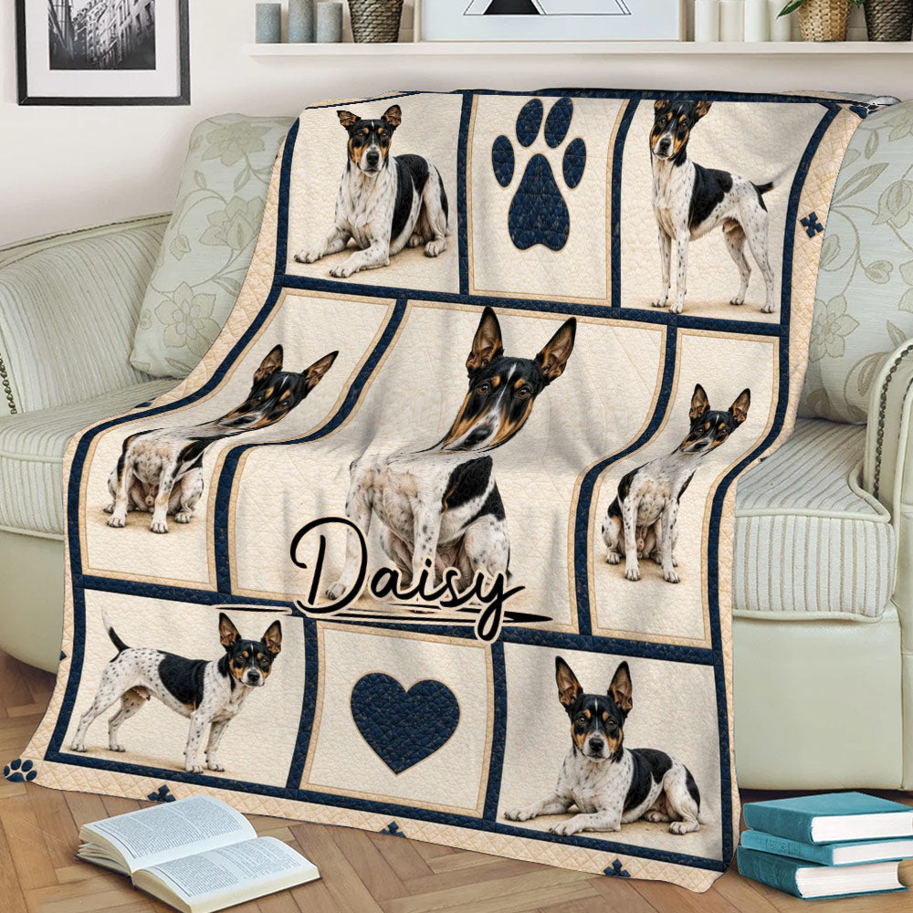 Rat Terrier couch blanket showing black, white, and tan dogs in framed portrait panels