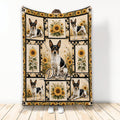 Rat Terrier throw blanket with multiple black and white dogs, sunflower panels, and rustic quilt-inspired artwork
