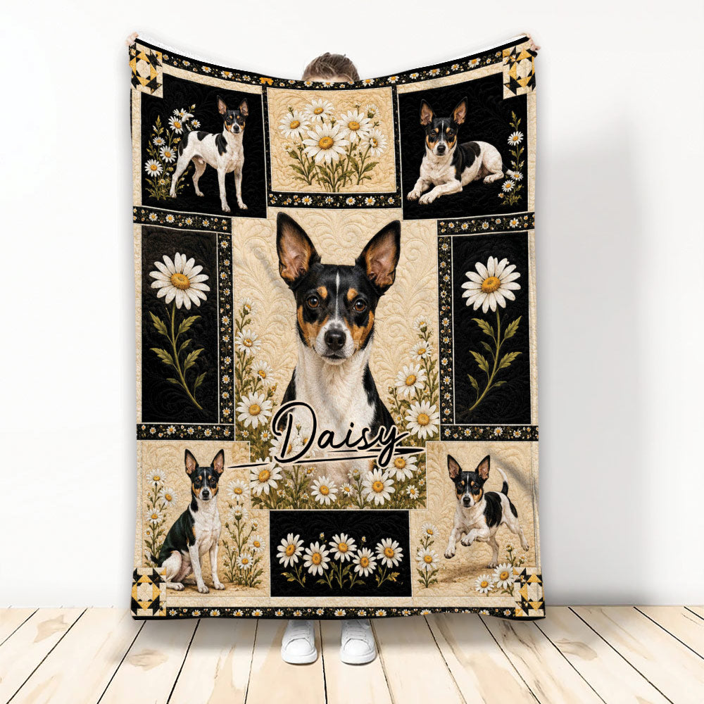 Rat Terrier blanket with black, cream, and gold floral artwork displayed upright