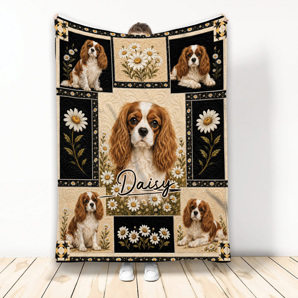 Cavalier King Charles Spaniel blanket with daisy panels and black, cream, and tan artwork