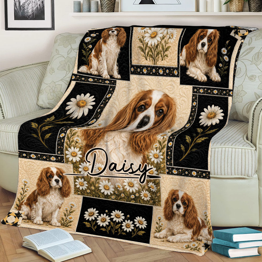 Daisy-themed Cavalier King Charles Spaniel blanket draped over a living room sofa