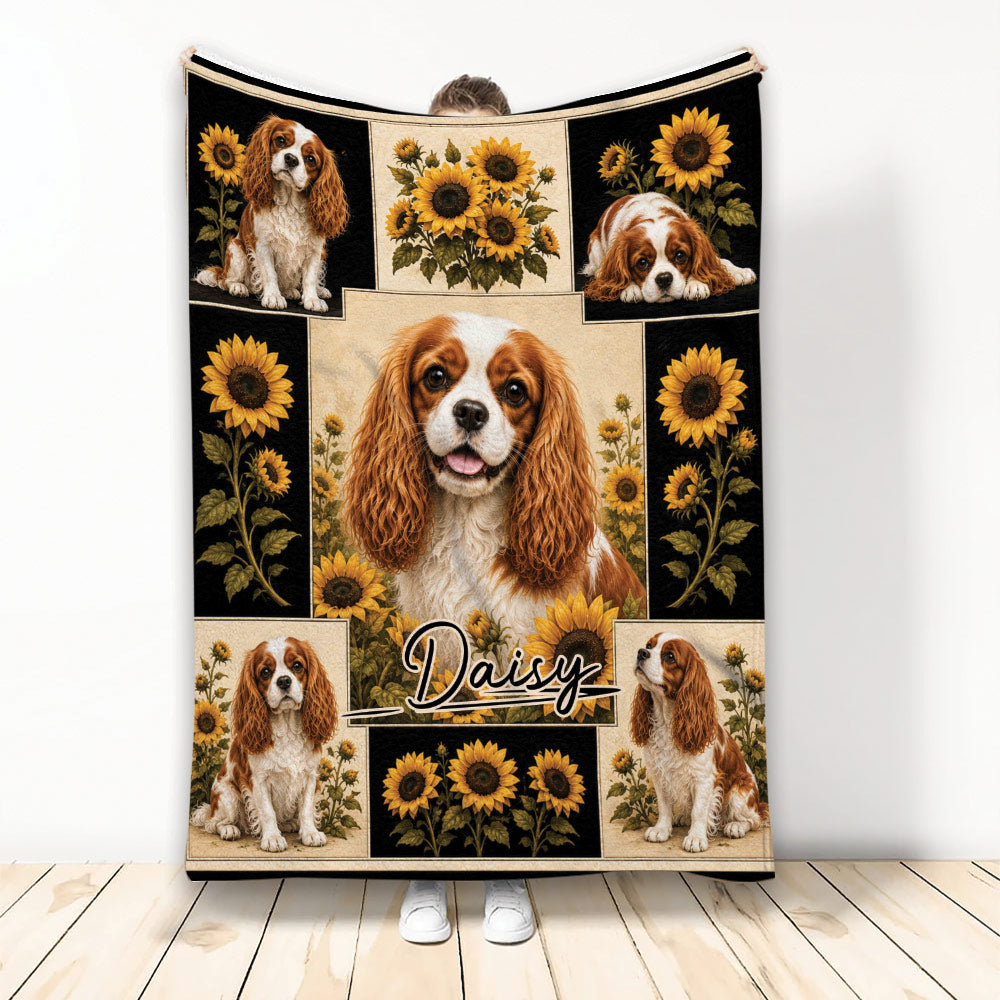 Cavalier King Charles blanket with multiple spaniel portraits and golden sunflower artwork