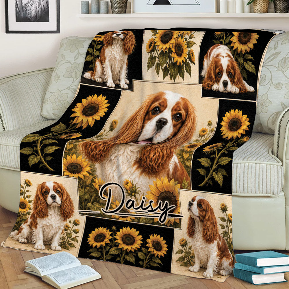 Cavalier King Charles blanket displayed on a couch with sunflower borders and dog portraits