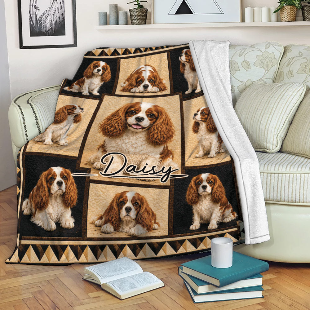 Cavalier King Charles Spaniel throw blanket draped over a sofa in a cozy living room