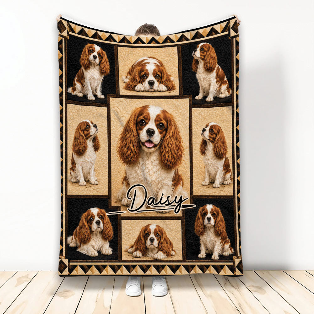 Cavalier King Charles Spaniel blanket displayed upright with a multi-panel dog collage and black and tan border