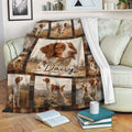 Brittany Spaniel blanket draped over a sofa with rustic brown plaid borders and field scenes