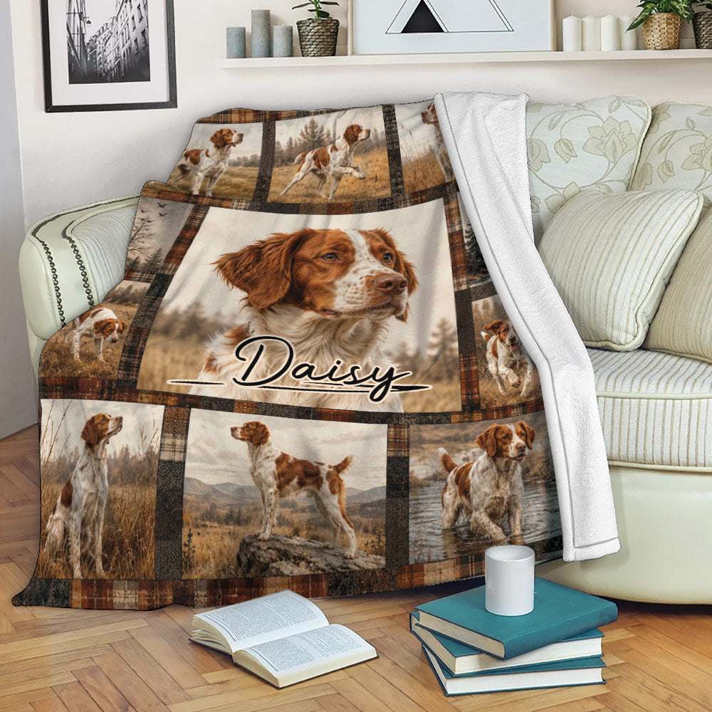 Brittany Spaniel blanket draped over a sofa with rustic brown plaid borders and field scenes