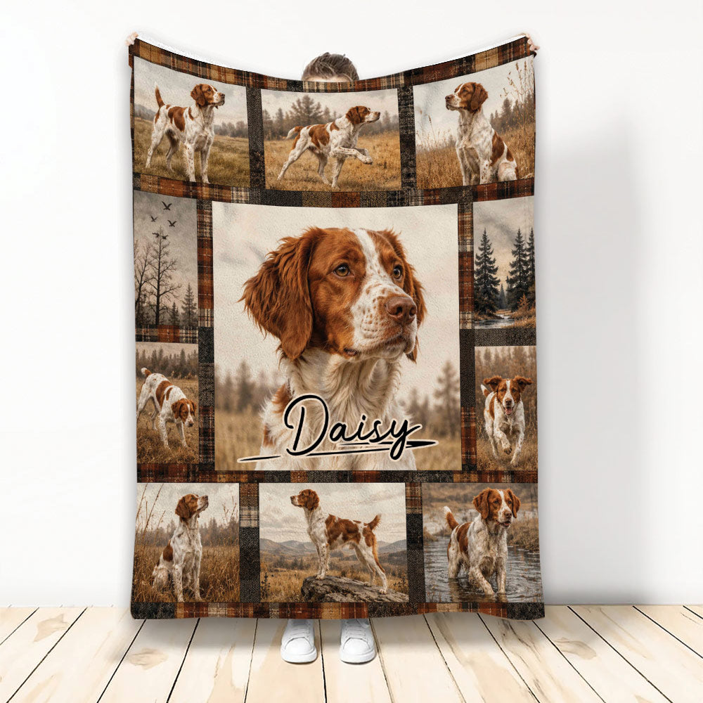 Brittany Spaniel throw blanket featuring a rustic collage of hunting dog portraits and outdoor scenes