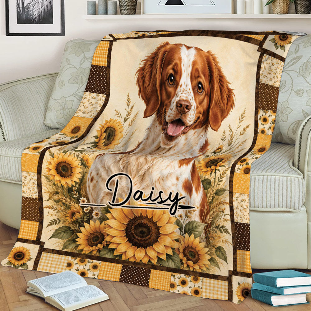 Brittany Spaniel blanket draped over a sofa, featuring sunflowers and warm country colors