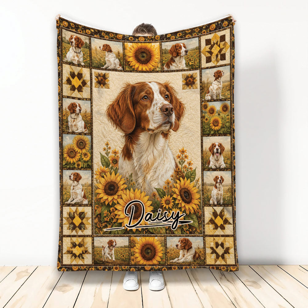 Brittany Spaniel blanket featuring a central dog portrait, sunflower artwork, rustic panels, and decorative star motifs