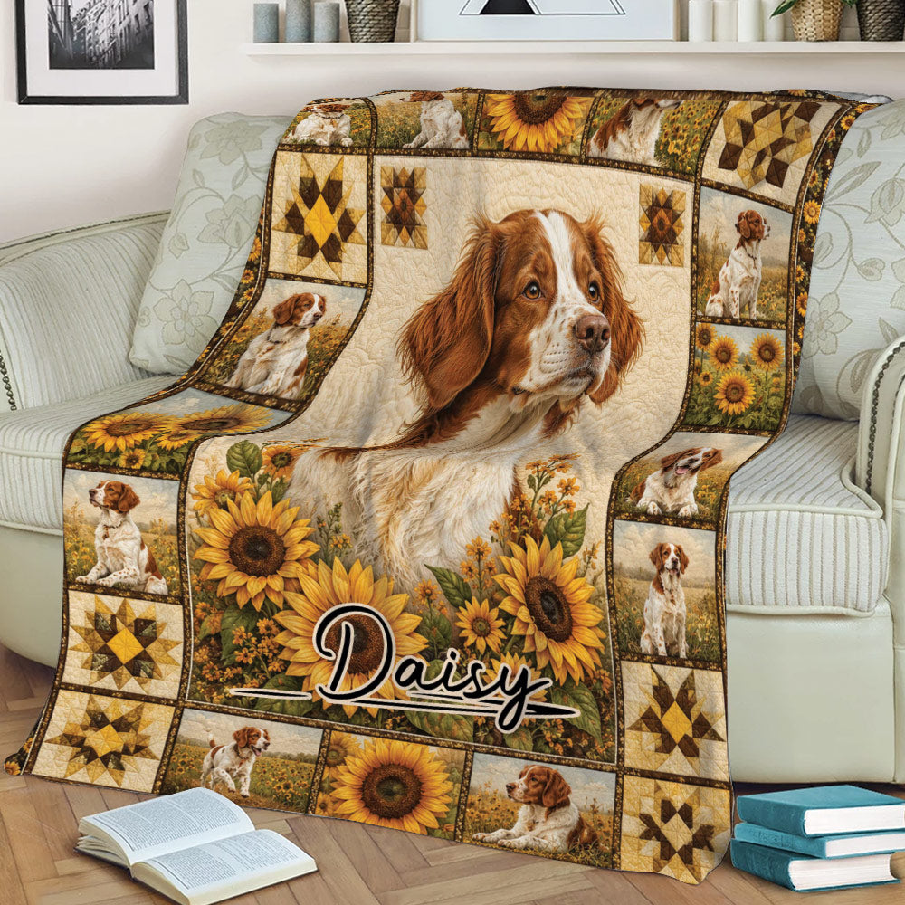Brittany Spaniel blanket draped over a couch, showcasing a large dog portrait, sunflowers, and warm country-style artwork