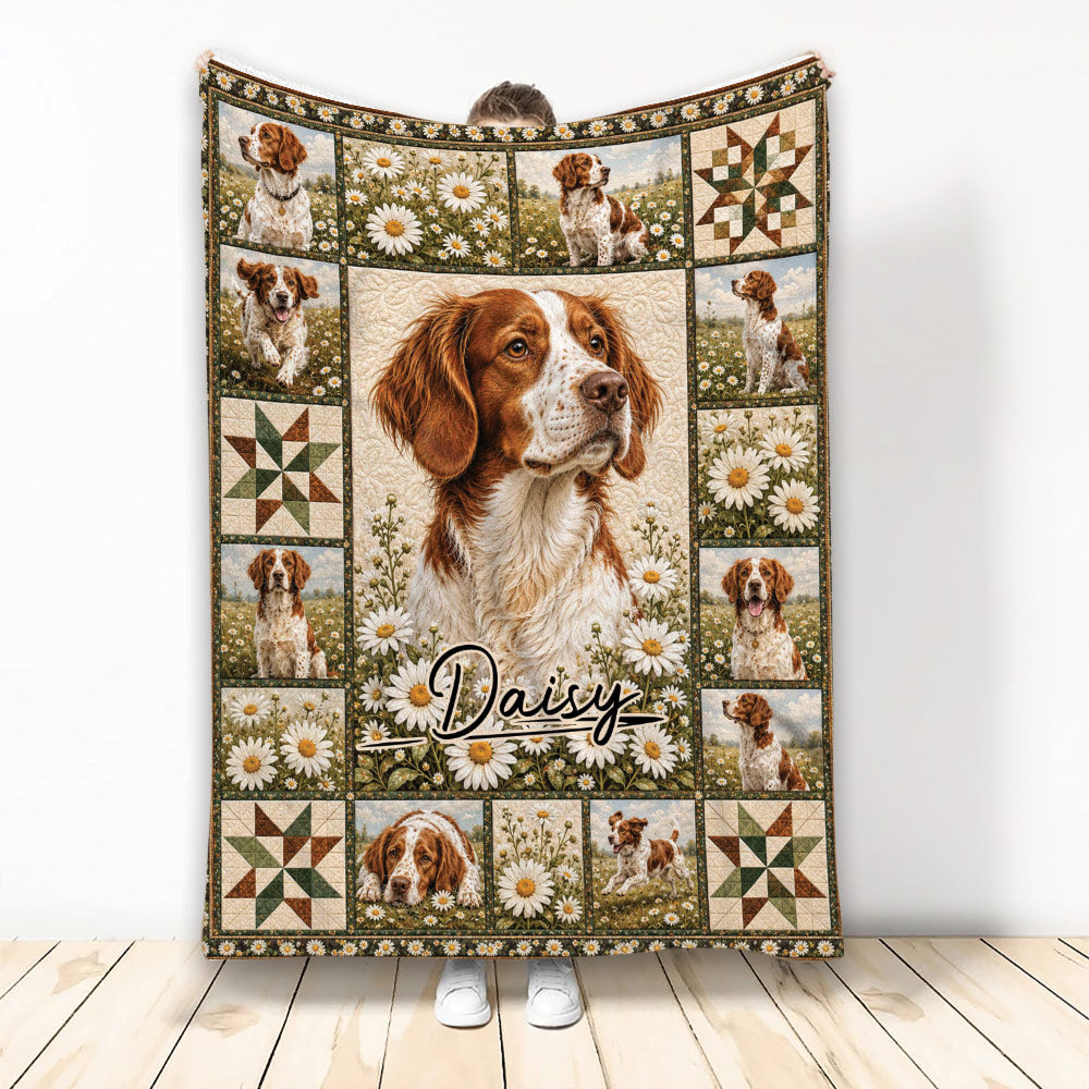Brittany Spaniel blanket with multiple dog portraits, wildflowers, and earthy geometric panel accents
