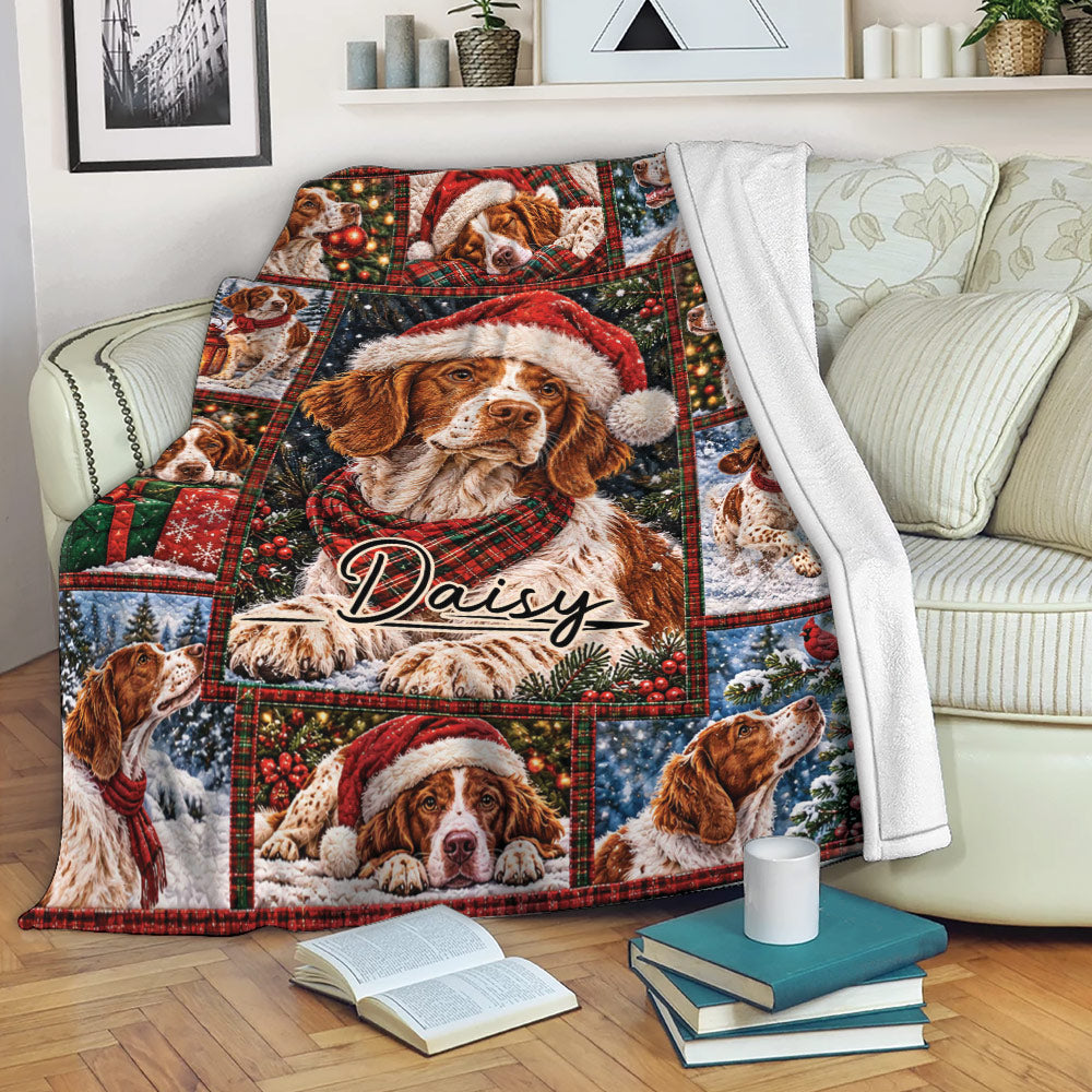 Brittany Spaniel Christmas throw blanket draped over a sofa in a cozy living room