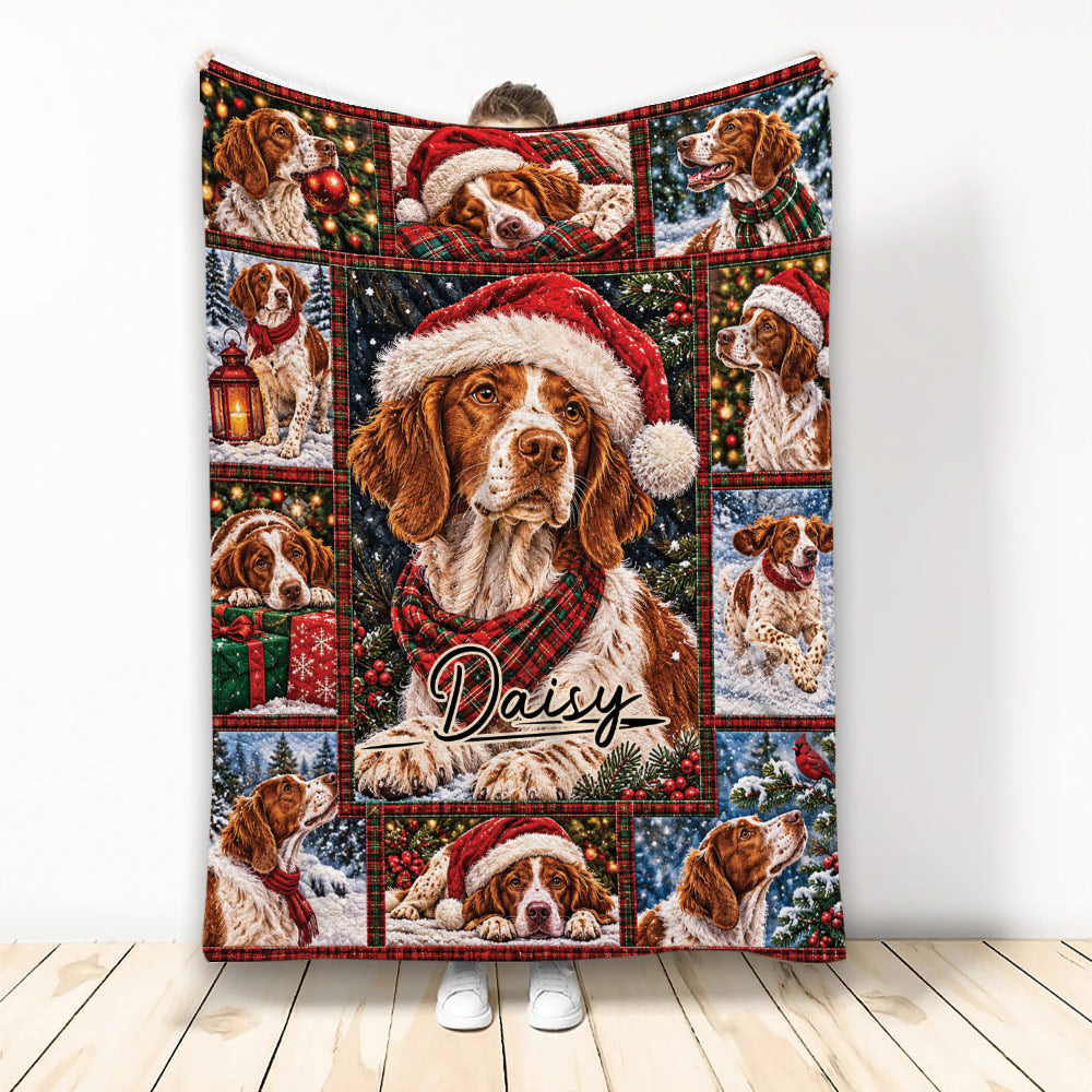 Christmas Brittany Spaniel blanket displayed with festive plaid, snowy scenes, and holiday dog artwork