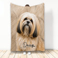 Lhasa Apso blanket featuring a long-haired tan and white dog design displayed upright