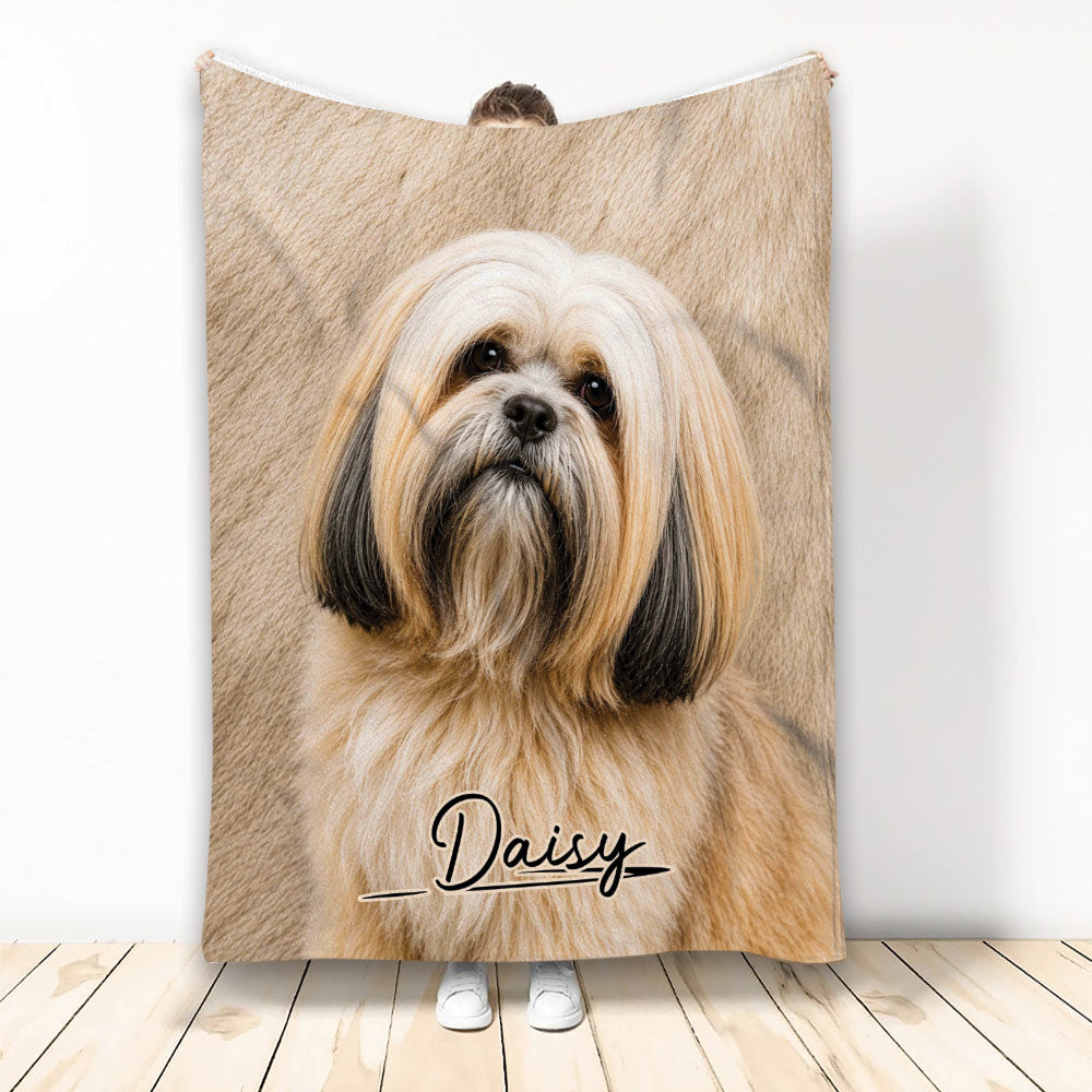 Lhasa Apso blanket featuring a long-haired tan and white dog design displayed upright