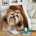 Lhasa Apso throw blanket draped over a sofa with a cheerful dog design in a cozy living room