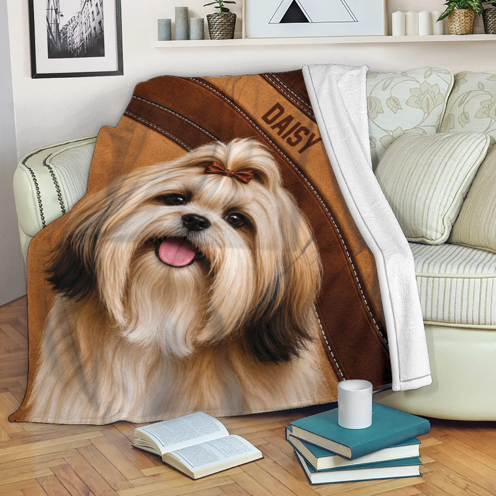 Lhasa Apso throw blanket draped over a sofa with a cheerful dog design in a cozy living room