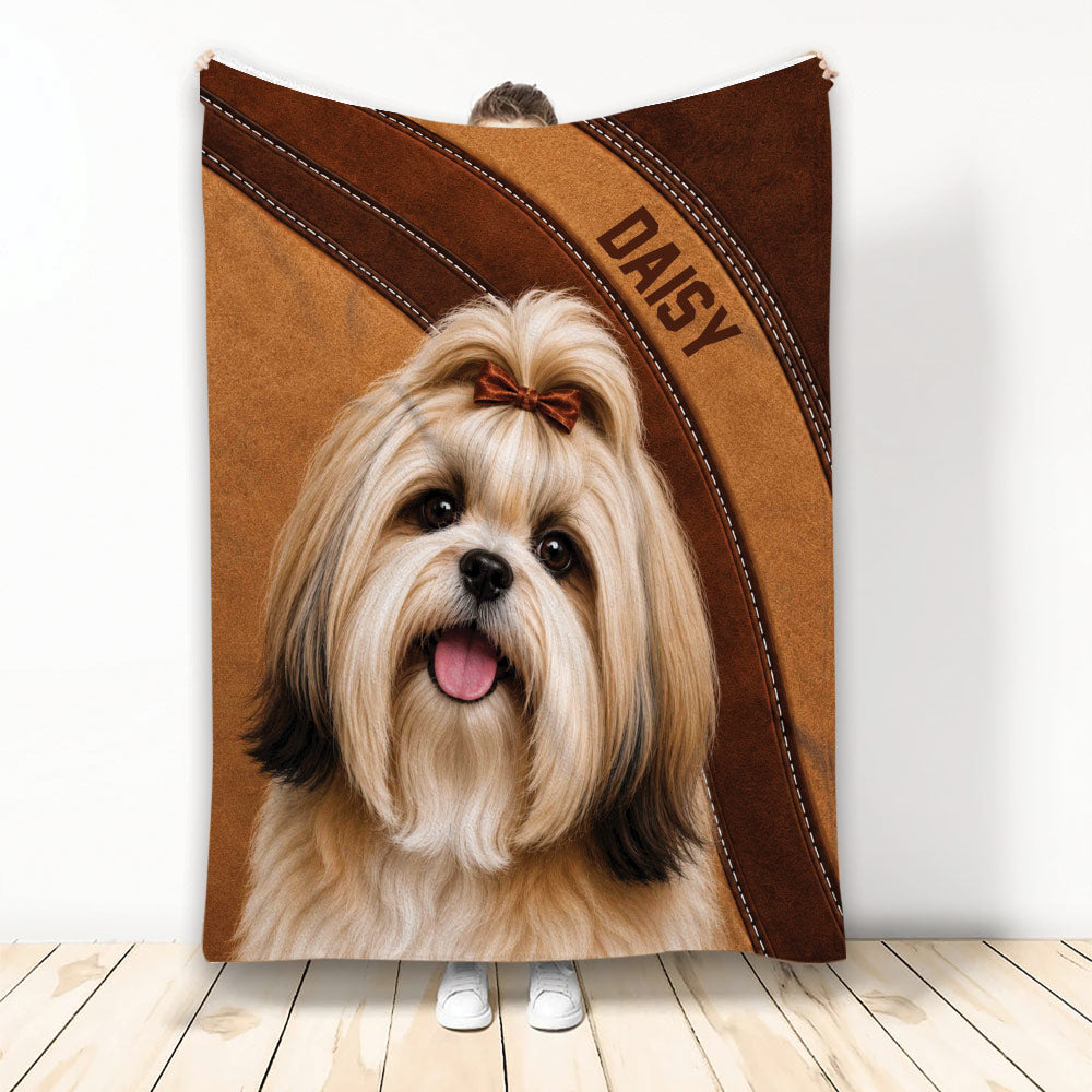 Lhasa Apso blanket with a cheerful long-haired dog portrait and warm brown leather-style background
