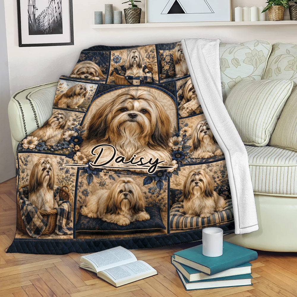 Lhasa Apso throw blanket displayed on a sofa with repeated dog portraits and warm floral artwork