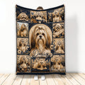 Lhasa Apso blanket with multiple long-haired dog portraits, floral accents, and navy blue quilt-style artwork