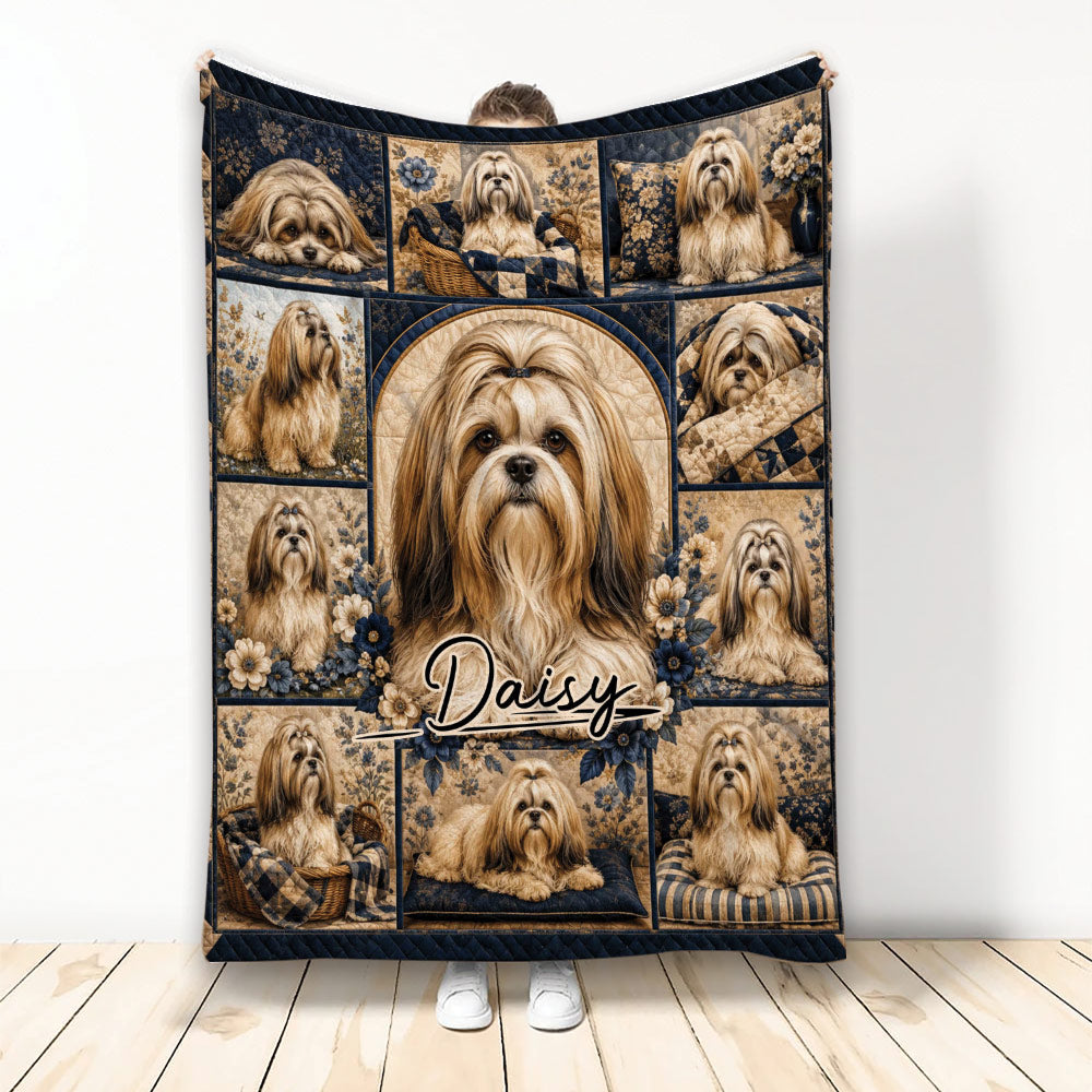 Lhasa Apso blanket with multiple long-haired dog portraits, floral accents, and navy blue quilt-style artwork