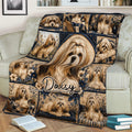 Lhasa Apso blanket draped over a sofa, featuring long-haired dog portraits, flowers, and navy decorative panels