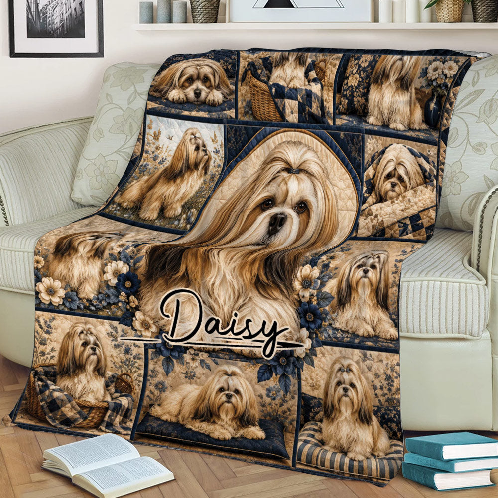Lhasa Apso blanket draped over a sofa, featuring long-haired dog portraits, flowers, and navy decorative panels