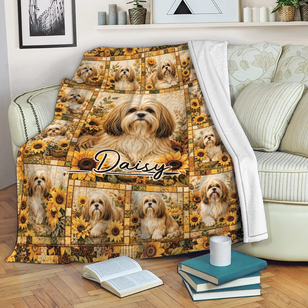 Lhasa Apso throw blanket displayed on a sofa with sunflower artwork and a cozy living room setting