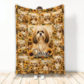 Lhasa Apso blanket with multiple fluffy dogs surrounded by sunflowers in a rustic patchwork design