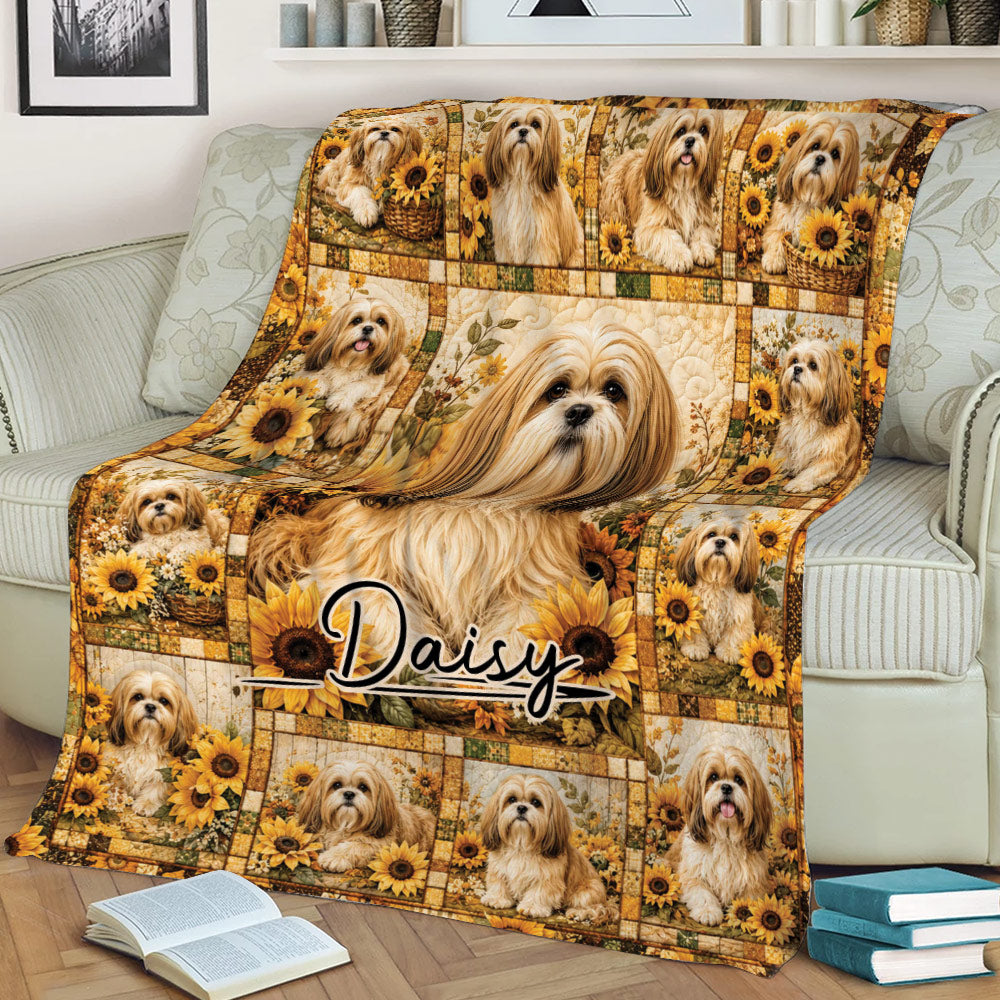 Sunflower Lhasa Apso blanket draped over a sofa, featuring repeated dog portraits in warm golden tones
