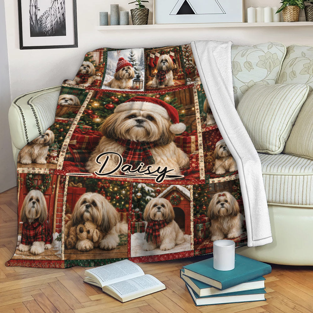 Lhasa Apso Christmas throw blanket displayed on a sofa with festive dog artwork and cozy holiday decor