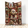 Lhasa Apso Christmas blanket featuring festive dog portraits, evergreen trees, gifts, scarves, and holiday colors