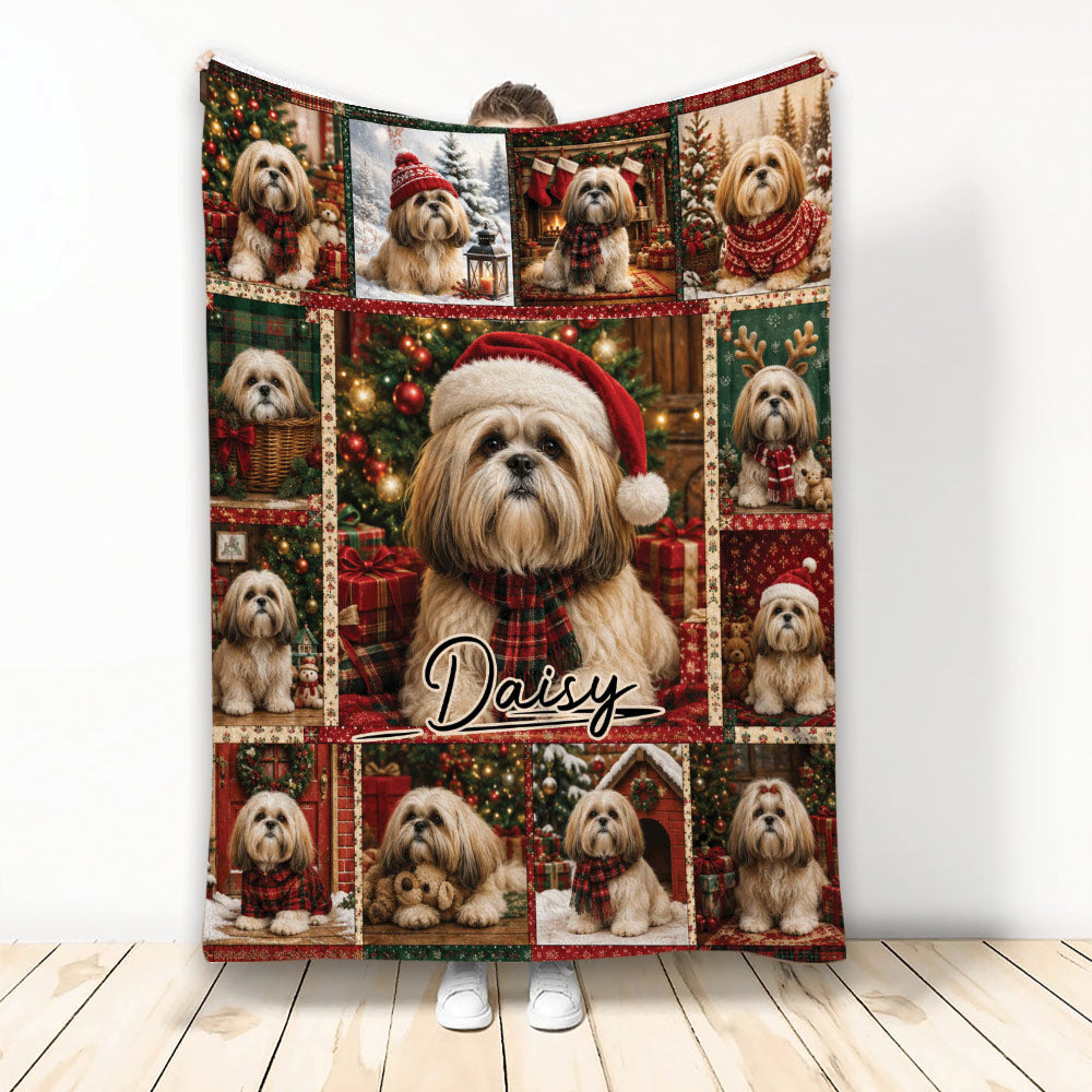 Lhasa Apso Christmas blanket featuring festive dog portraits, evergreen trees, gifts, scarves, and holiday colors